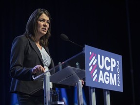 Alberta Premier Danielle Smith speaks at the United Conservative Party AGM in Edmonton, on Saturday, October 22, 2022.