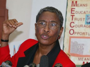Jean McGuire, then executive director of METCO, speak at a news conference, Tuesday, Oct. 7, 2003, in Boston. McGuire, a 91-year-old civil rights activist, was stabbed multiple times while walking her dog in a Boston park on Tuesday night Oct. 11, 2022, according to the Suffolk District Attorney's office.