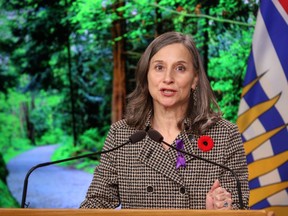 B.C. chief coroner Lisa Lapointe speaks during a press conference in the press gallery at the Legislature in Victoria, Monday, Nov. 1, 2021. The BC Coroners Service says deaths of homeless people in the province jumped 75 per cent in 2021 compared to the year before.