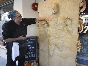 Catherine Pervan, with Our House Bakery in Benicia, Calif., talks about creating the life-sized Han Solo on Oct. 13, 2022 The piece is the bakery's entry in the downtown Benicia scarecrow contest.