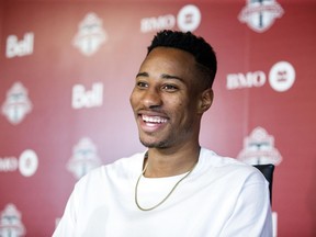 Canadian midfielder Mark-Anthony Kaye speaks at a press conference at Toronto FC's training facility, Monday, July 11, 2022. Canada Soccer's recent revised compensation proposal to its players is a sign of progress but more work is needed to secure a deal, says Kaye.THE CANADIAN PRESS/Cole Burston