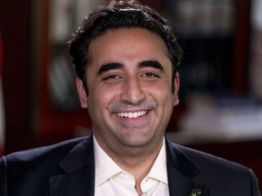 Pakistani Foreign Minister Bilawal Bhutto Zardari smiles during an interview with the Associated Press at the Pakistan Embassy, in Washington, Tuesday, Sept. 27, 2022.