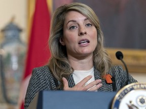 Canada's Foreign Minister Melanie Joly speaks during a news conference with Secretary of State Antony Blinken, Friday, Sept. 30, 2022, at the State Department in Washington.&ampnbsp;Joly is trying to help broker a plan to get Haiti on its feet, after a gas shortage that has spiked violence.