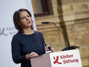 German Foreign Minister Annalena Baerbock speaks at the opening of the Berlin Foreign Policy Forum, organized by the Koerber Foundation, in Berlin, Germany, Tuesday, Oct. 18, 2022. Germany must avoid repeating the mistakes with China that it made in its relationship with Russia over recent years, the German foreign minister said on the event.