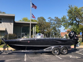 Chase Cominsky’s boat and trailer, which was seized by law enforcement in Cuyahoga, PA.