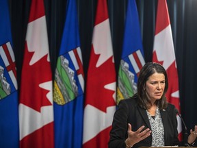 Alberta Premier Danielle Smith holds her first press conference in Edmonton, on Tuesday October 11, 2022.The premier is asking Albertans for patience as she embarks on what she calls a "bumpy" and "perilous" ride to reorganize the entire governance structure of provincial health services within 90 days.THE CANADIAN PRESS/Jason Franson