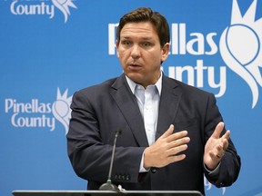 Florida Gov. Ron DeSantis speaks during a news conference at the Pinellas County Emergency Operations Center, Monday, Sept. 26, 2022, in Largo, Fla. DeSantis was updating residents of the path of Hurricane Ian.