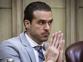 Mexican soap opera star Pablo Lyle listens to attorneys during pre-trial motions, Thursday, Sept. 22, 2022, at Miami-Dade Criminal Court in Miami. Lyle was found guilty of manslaughter, Tuesday, Oct. 4, 2022, of fatally punching a man during a road rage confrontation in Miami in 2019.