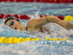 Summer McIntosh of Canada swims on her way to winning the women's 400m freestyle in World Junior Record time at the FINA Swimming World Cup meet in Toronto on Friday, October 28, 2022.