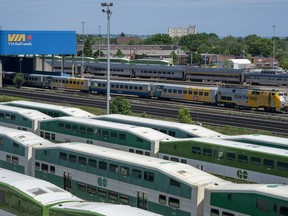 Idle GO trains are shown in Toronto on Tuesday June 30, 2020.Metrolinx says a strike by some GO Transit workers has been averted and a tentative offer will be presented to union members.THECANADIAN PRESS/Frank Gunn