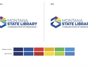 This undated image provided by the Montana State Library shows two logos proposed as part of a rebranding effort for the Montana State Library. The commission that oversees the state library voted Wednesday, Oct. 12, 2022, to accept a new logo with colors pulled from the state flag after one commissioner criticized the original color scheme as reminding her of a rainbow LGBTQ flag. However, commissioners also voted to pause spending any additional money on the rebranding rollout until they can learn more about how that money would be spent. (Montana State Library via AP)