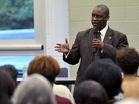 FILE - Clayton County Sheriff Victor Hill speaks at a candidate forum in Rex, Ga., on Aug. 16, 2012. Hill stands accused of punishing detainees by having them strapped into a restraint chair for hours even though they posed no threat and obeyed instructions. A federal grand jury in April 2021 indicted Hill, saying he violated the civil rights of four people in his custody. Jury selection is set to begin Wednesday, Oct. 12, 2022, and the trial is expected to last at least two weeks.