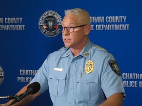 Chatham County Police Chief Jeff Hadley speaks to reporters in Savannah, Ga., on Thursday, Oct. 13, 2022, about the investigation into the suspected death of missing toddler Quinton Simon. Hadley said investigators believe the 20-month-old boy is dead based on interviews and evidence collected since the child was reported missing on Oct. 5.