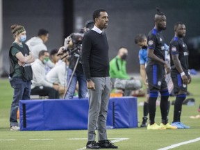 CF Montreal's head coach Wilfried Nancy looks on from the sideline against Santos Laguna during the second half of the second leg of their 2022 CONCACAF Champions League soccer game in Montreal, Wednesday, February 23, 2022.