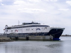 The Cat, a fast ocean-going catamaran car and passenger ferry, is berthed in Yarmouth, N.S on Saturday, May 7, 2022. Nova Scotia Premier Tim Houston says his government is ordering an economic impact study of the provincially subsidized ferry between Nova Scotia and Maine.