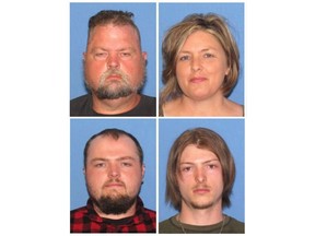 FILE - These undated file images released by the Ohio Attorney General's office, show, top row from left, George "Billy" Wagner III and Angela Wagner, and bottom row from left, George Wagner IV and Edward "Jake" Wagner. Jake Wagner pleaded guilty in 2021 to shooting five of eight family members killed in a 2016 massacre, and as part of his plea deal had been expected to testify against his older brother, George Wagner IV. Jake Wagner's testimony was part of an arrangement with prosecutors that spared him from being sentenced to death. George Wagner IV, whose trial has entered its eighth week in Pike County court, faces the death penalty if he's convicted in the slayings of the Rhoden family near Piketon, Ohio. Jake and George's mother, Angela Wagner, also pleaded guilty to helping plan the slayings, and is also expected to testify. Jake and George's father, George "Billy" Wagner III, has pleaded not guilty. He likely won't go on trial until 2023. (Ohio Attorney General's office via AP, File)
