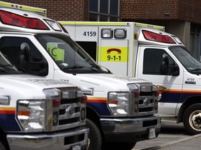 Ambulances are parked outside the Emergency Department at the Ottawa Hospital Civic Campus in Ottawa on Monday, May 16, 2022.&ampnbsp;The County of Essex in southwestern Ontario has declared a local emergency due to long -- and increasing -- waits for ambulances to offload patients at hospitals.