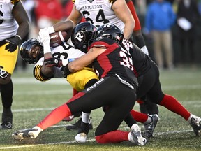 Hamilton Tiger-Cats' Wes Hills (34) during first half CFL football action in Ottawa on Saturday, Oct. 29, 2022.