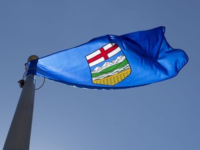 Alberta's provincial flag flies on a flag pole in Ottawa, Monday July 6, 2020.