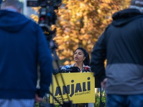 B.C. NDP leadership candidate Anjali Appadurai addresses the media during a news conference in downtown Vancouver, Wednesday, October 19, 2022.