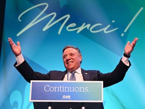 CAQ Leader Francois Legault makes his victory speech to supporters at the Coalition Avenir Quebec election night headquarters, in Quebec City, Monday, Oct. 3, 2022.
