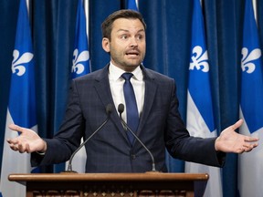 Parti Québécois Leader Paul St-Pierre Plamondon speaks at a news conference, Monday, Oct. 17, 2022 at the legislature in Quebec City. St-Pierre Plamondon told reporters he didn't want to swear an oath to King Charles III.