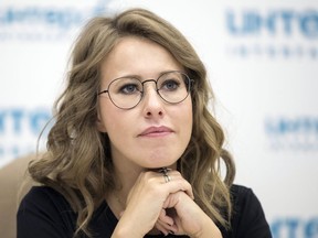FILE - Former presidential candidate and TV star Ksenia Sobchak attends a news conference in Moscow, on Thursday, May 31, 2018. Russian investigators on Wednesday, Oct. 26, 2022 raided the home of Sobchak, the glamourous daughter of Russian President Vladimir Putin's one-time boss, in a move that has sent shockwaves through the country's political scene.