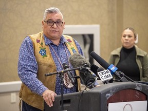 Federation of Sovereign Indigenous Nations Vice-Chief David Pratt speaks during a FSIN media event in Saskatoon on Wednesday, April 13, 2022. The group says it's alarmed by a new report that found disproportionate rates of self-harm and suicide among First Nations people in Saskatchewan.