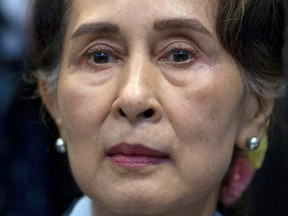 FILE - Myanmar's lthen eader Aung San Suu Kyi waits to address judges of the International Court of Justice on the second day of three days of hearings in The Hague, Netherlands, Dec. 11, 2019. Myanmar convicted ousted leader Aung San Suu Kyi on two more corruption counts on Wednesday, Oct. 12, 2022, extending her total prison term to 26 years.