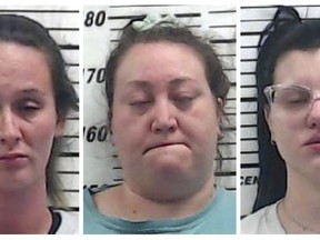 This combo of booking images provided by the Monroe County, Miss., Sheriff's Office shows from left, Jennifer Newman, Misty Shyenne Mills, Oci-Anna Kilburn, Sierra McCandless and Traci Diane Hutson. Authorities said Friday, Oct. 21, 2022, that the five people linked to viral video footage of workers using a scary mask to frighten children at a Mississippi daycare are now facing charges. Monroe County Sheriff Kevin Crook said four of the women, Newman, Mills, Kilburn, and McCandless each face three counts of felony child abuse. A fifth woman, Traci Diane Hutson, he says, faces charges of failure to report abuse by a mandatory reporter and simple assault against a minor, both misdemeanors. (Monroe County Sheriff's Office via AP)