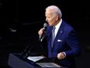 US President Joe Biden speaks during a Democratic National Committee event at the Howard Theater in Washington, DC.