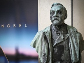 FILE - A bust of Alfred Nobel is displayed at the Karolinska Institute in Stockholm, on Oct. 3, 2022. The ambassadors of Russia and Belarus have been excluded from this year's Nobel Prize ceremony in Stockholm because of the war in Ukraine.