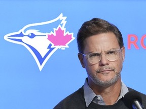 Ross Atkins, Toronto Blue Jays general manager, speaks to the media at the year end press conference, after being swept by the Seattle Mariners in the American League wild card playoff series, in Toronto on Tuesday, October 11, 2022.