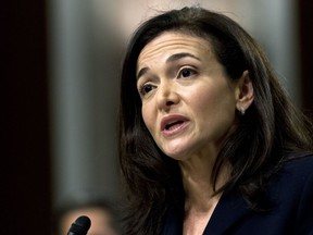 FILE- In this Sept. 5, 2018, file photo, Facebook COO Sheryl Sandberg testifies before the Senate Intelligence Committee hearing on "Foreign Influence Operations and Their Use of Social Media Platforms," on Capitol Hill in Washington. Sandberg opened her next chapter as a full-time philanthropist Tuesday, Oct. 4, 2022, with a donation to the American Civil Liberties Union to fight state abortion bans across the country. Sandberg, who officially left her position as Facebook's parent company Meta's chief operating officer last week after 14 years, donated $3 million to the ACLU Ruth Bader Ginsburg Liberty Center.