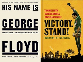 This combination of photos shows "His Name Is George Floyd: One Man's Life and the Struggle for Racial Justice" by Robert Samuels and Toluse Olorunnipa, left, and "Victory. Stand!: Raising My Fist for Justice," a collaboration among Tommie Smith, Derrick Barnes and Dawud Anyabwile. (Viking/Norton Young Readers via AP)