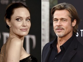 This combination photo shows Angelina Jolie at a premiere in Los Angeles on Sept. 30, 2019, left, and Brad Pitt at a special screening on Sept. 18, 2019. A new court filing from Angelina Jolie alleges that on a 2016 flight, Brad Pitt grabbed her by the head and shook her then choked one of their children and struck another when they tried to defend her. The descriptions of abuse on the private flight came in a countersuit Jolie filed Thursday in the couple's dispute over a winery they co-owned. (AP Photo/File)