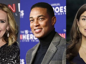 This combination of photos shows Poppy Harlow at the 11th annual CNN Heroes: An All-Star Tribute in New York on Dec. 17, 2017, left, CNN news anchor Don Lemon at the 15th annual CNN Heroes All-Star Tribute on New York on Dec. 12, 2021, center, and CNN White House correspondent Kaitlan Collins during a live shot in front of the White House in Washington on July 25, 2018. Harlow, Lemon, and Collins will host "CNN This Morning," set to debut Nov. 1. (AP Photo)