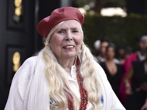 FILE - Joni Mitchell arrives at the 64th Annual Grammy Awards on April 3, 2022, in Las Vegas. The 78-year-old music legend will perform on June 10 at the Gorge Amphitheatre, a venue in Washington state.