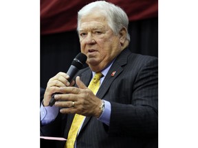 FILE - Former Mississippi Gov. Haley Barbour speaks at a Mississippi Economic Council event on Wednesday, Oct. 26, 2016, in Jackson, Miss. Barbour was hospitalized Wednesday, Oct. 26, 2022, after being in a one-vehicle wreck outside Yazoo City, Miss. Yazoo County Sheriff Jake Sheriff said Barbour told law enforcement officers that he swerved to avoid a dog.