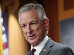 FILE - Sen. Tommy Tuberville, R-Ala., listens to question during a news conference March 30, 2022, in Washington. Tuberville said Tuesday, Oct. 25, 2022 that the country has too many "takers" instead of workers and suggested that many in younger generations -- including people in their 40s -- do not understand that they need to work.