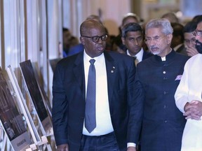 Foreign Minister of Gabon Michael Moussa-Adamo walks with Indian Foreign Minister S Jaishankar in the sidelines of a U.N. Counter-Terrorism Committee special meet in Mumbai, India, Friday, Oct. 28, 2022. The special meeting is being held in Mumbai, India's financial and entertainment capital, that witnessed a massive terror attack in 2008 that left 140 Indian nationals and 26 citizens of 23 other countries dead by terrorists who had entered India from Pakistan.
