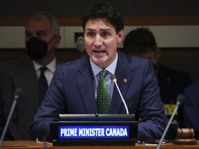 Prime Minister Justin Trudeau speak during a meeting of the Ad Hoc Advisory Group and Caribbean partners on the situation in Haiti at the United Nations in New York on Wednesday, Sept. 21, 2022.