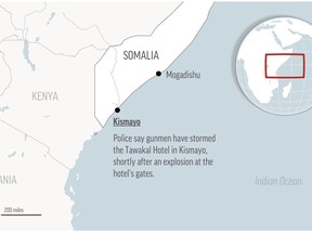 Police say gunmen have stormed a hotel in the center of the Somali port city of Kismayo, shortly after an explosives-packed car exploded at the hotel's gates.