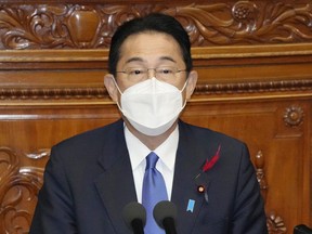 Japan's Prime Minister Fumio Kishida delivers a policy speech in Tokyo Monday, Oct. 3, 2022.
