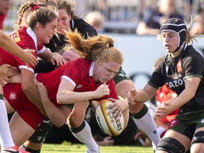 Canada's Paige Farries scores a try in Senior Women's 15s test match rugby first half action against Wales in Halifax on Saturday, August 27, 2022.