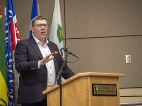 Premier Scott Moe speaks during a media event, on the University of Saskatchewan campus in Saskatoon, Tuesday, June 28, 2022. The premier has touted Saskatchewan's economic prosperity and role in global energy and food security in a speech to business leaders in Saskatoon.THE CANADIAN PRESS/Liam Richards