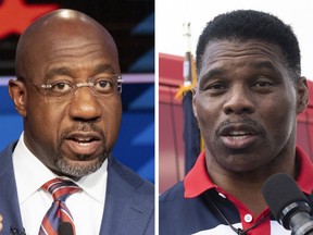 This complication photo shows Sen. Raphael Warnock (left), during a debate in Atlanta on Sunday, Oct. 16, 2022 and Georgia Republican Senate candidate Herschel Walker during a campaign stop on Tuesday, in Carrollton, Ga., Oct. 11, 2022. THE CANADIAN PRESS/AP-Ben Gray (left), Megan Varner
