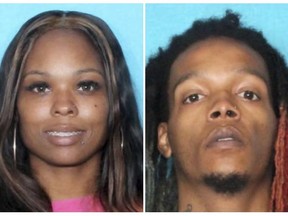 This combo of images provided by the Harris County Sheriff's Department shows, from left, Zaikiya Duncan, 40, left, and Jova Terrell, 27, who were arrested in Louisiana this week hours after a teenager told Texas police that he and his twin sister were handcuffed and endured horrific abuse escaped their family's home after he found a handcuff key and hid it in his mouth, authorities said in court records. (Harris County Sheriff's Department via AP)