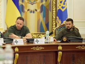 Ukraine's President Volodymyr Zelenskyy, chief of staff of Presidential Office Andriy Yermak and Secretary of Ukraininian National Security and Defence Council Oleksiy Danilov attend a meeting of the National Security and Defence Council.