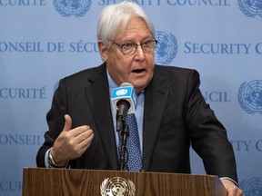Martin Griffiths, Under-Secretary-General for Humanitarian Affairs and Emergency Relief Coordinator, speaks about the situation of grain shipments from Ukraine following a Security Council meeting at United Nations headquarters, Monday, Oct. 31, 2022.